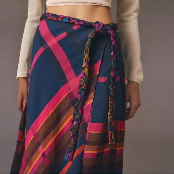 Farm Rio x Anthropologie Plaid Wrap Skirt Tie Waist Linen Blend Size Small - Picture 5 of 12